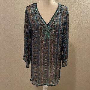 Women’s Kohinoor Teal/Gray Beaded and Sequin Blouse.